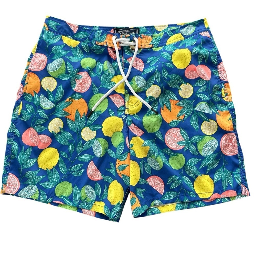 Abercrombie & Fitch Mens 33‎ Blue Fruit Print Swim Shorts Mesh Lined 7” Summer